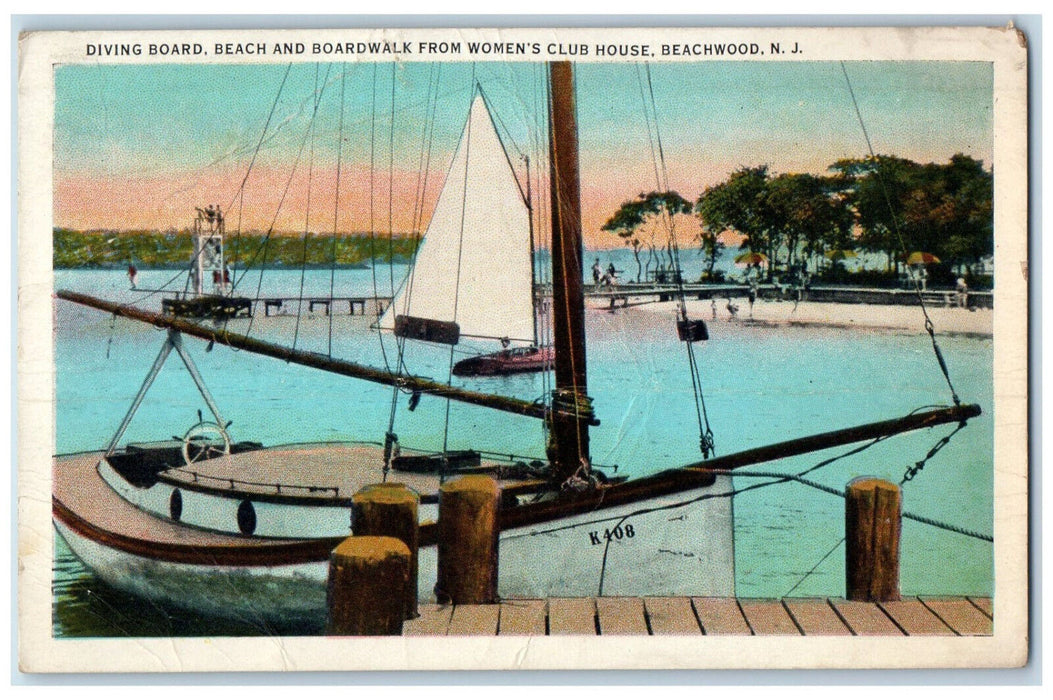 1933 Diving Board, Sailboat, Beach and Boardwalk Beachwood NJ Postcard