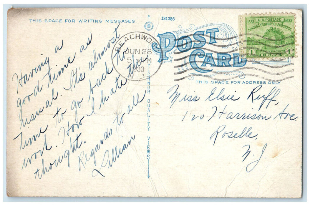 1933 Diving Board, Sailboat, Beach and Boardwalk Beachwood NJ Postcard