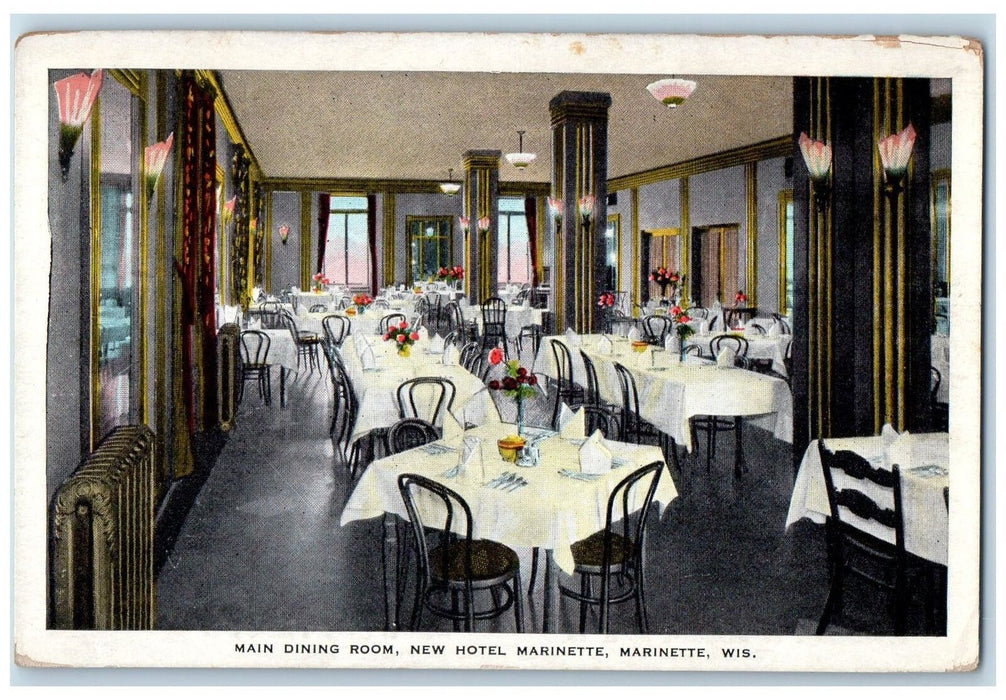 c1920's Main Dining Room New Hotel Marinette Restaurant Wisconsin WI Postcard