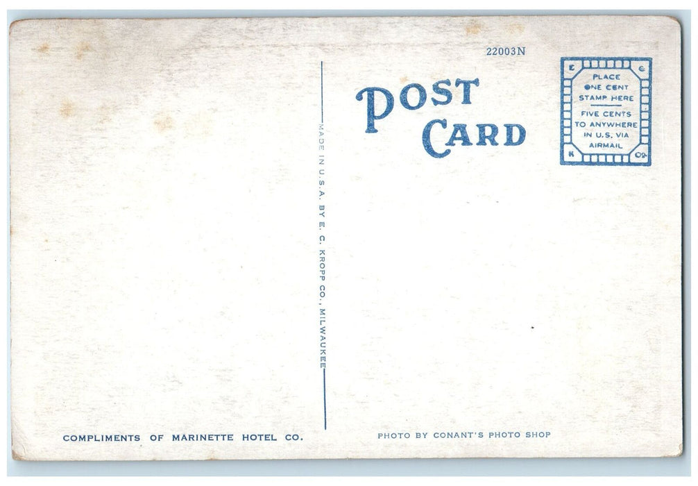 c1920's Main Dining Room New Hotel Marinette Restaurant Wisconsin WI Postcard