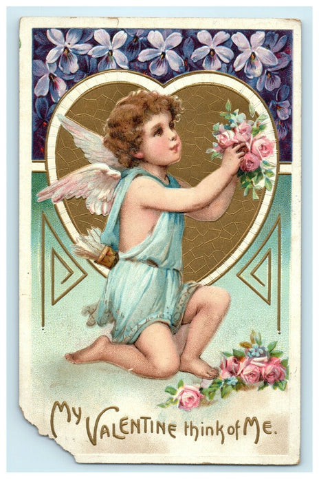 1911 Angel Cupid Holding Rose Flowers Embossed Valentine Washington D.C Postcard