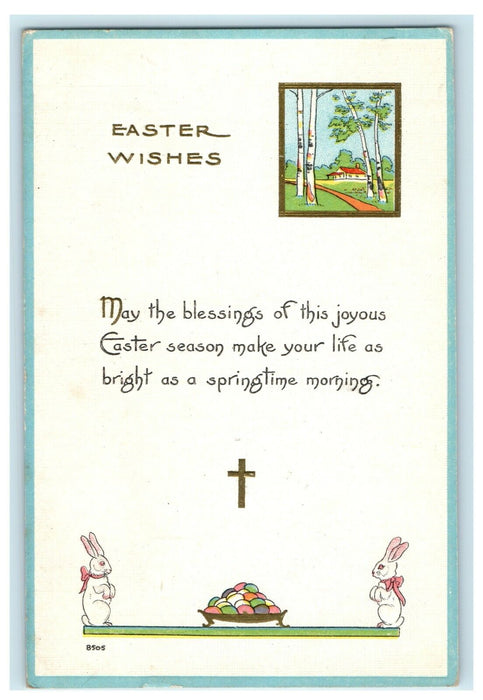 1914 Easter Bergman Cross Bunnies With Eggs Farm Trees Home Antique Postcard