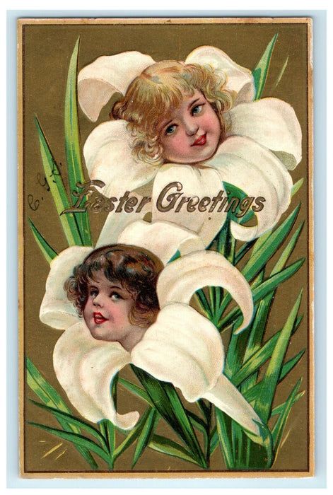 Easter Greetings Fantasy Girls Heads Lilies Flower Winsch Back Embossed Postcard