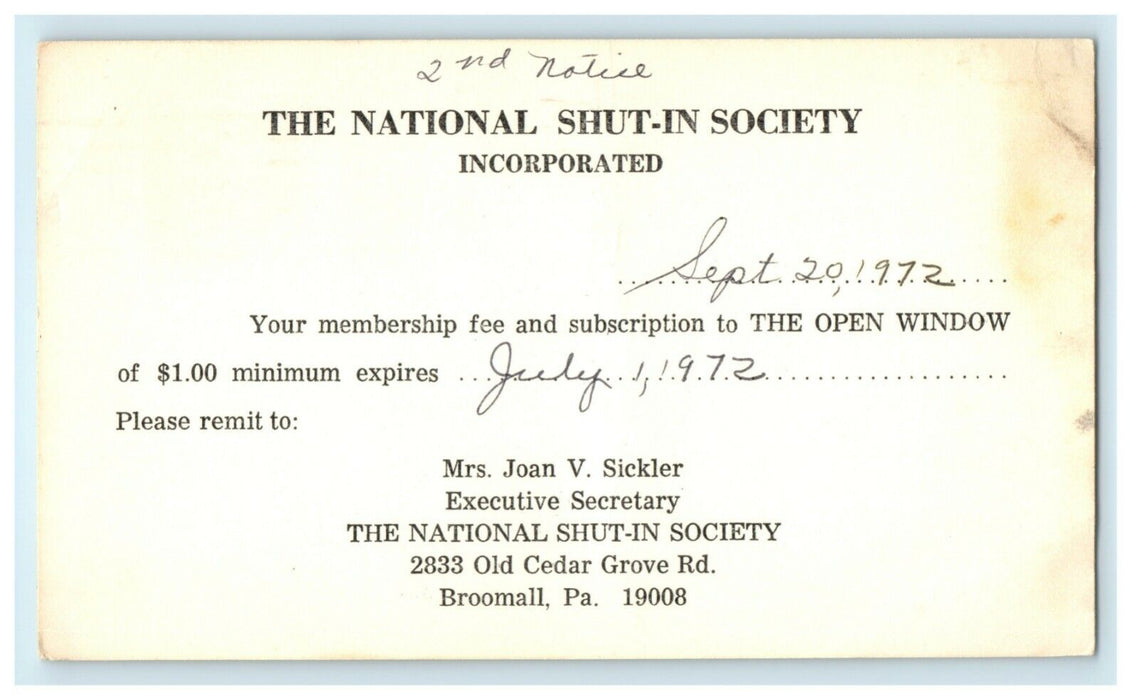 1972 National Shut-In Society Open Window Broomall PA Advertising Postcard