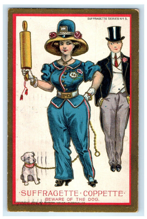 c1910 Anti Suffragette Women Voting Series No. 5 Dog Police Rolling Pin Postcard