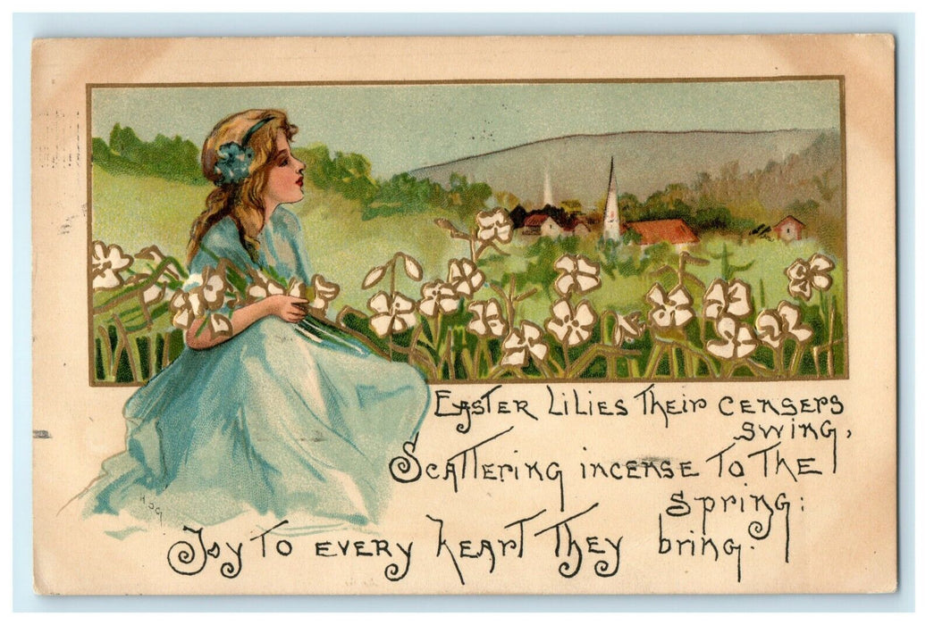 1910 Easter Girl With White Lilies Gold Gilt HBG Arts & Crafts Embossed Postcard