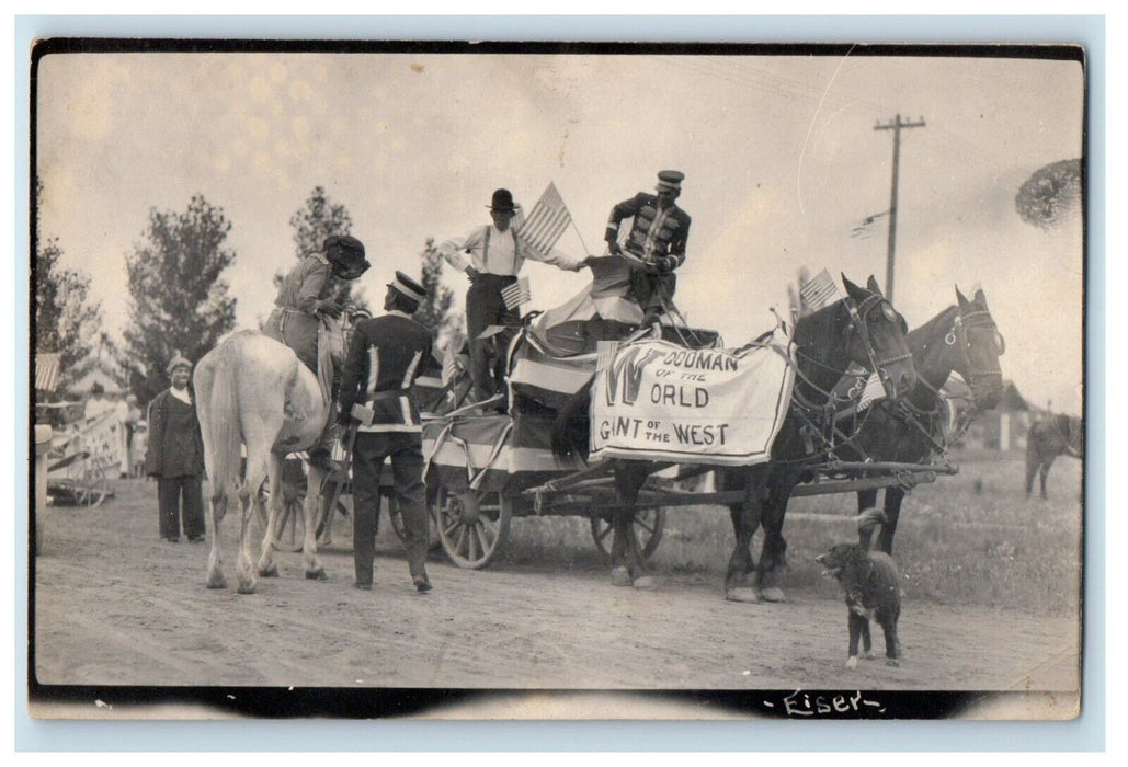 c1910 Patriotic Woodmen World Giant West Parade Float Dog RPPC Photo Postcard