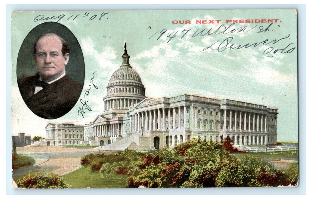 W.J Bryan Presidential Candidate 1908 Denver Colorado Political Antique Postcard