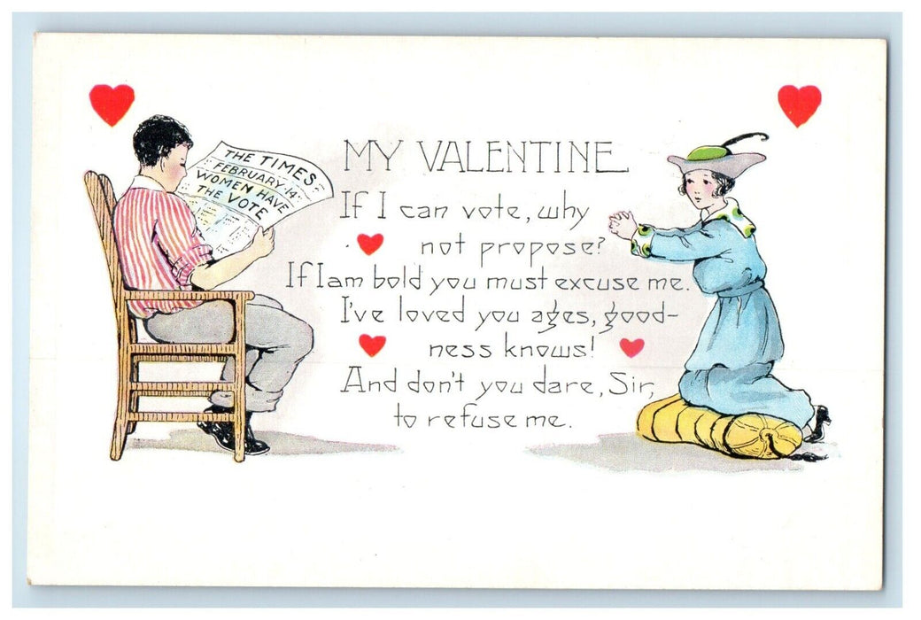 c1915 Valentine Women's Suffrage Wife Begging For Right to Vote Husband Postcard