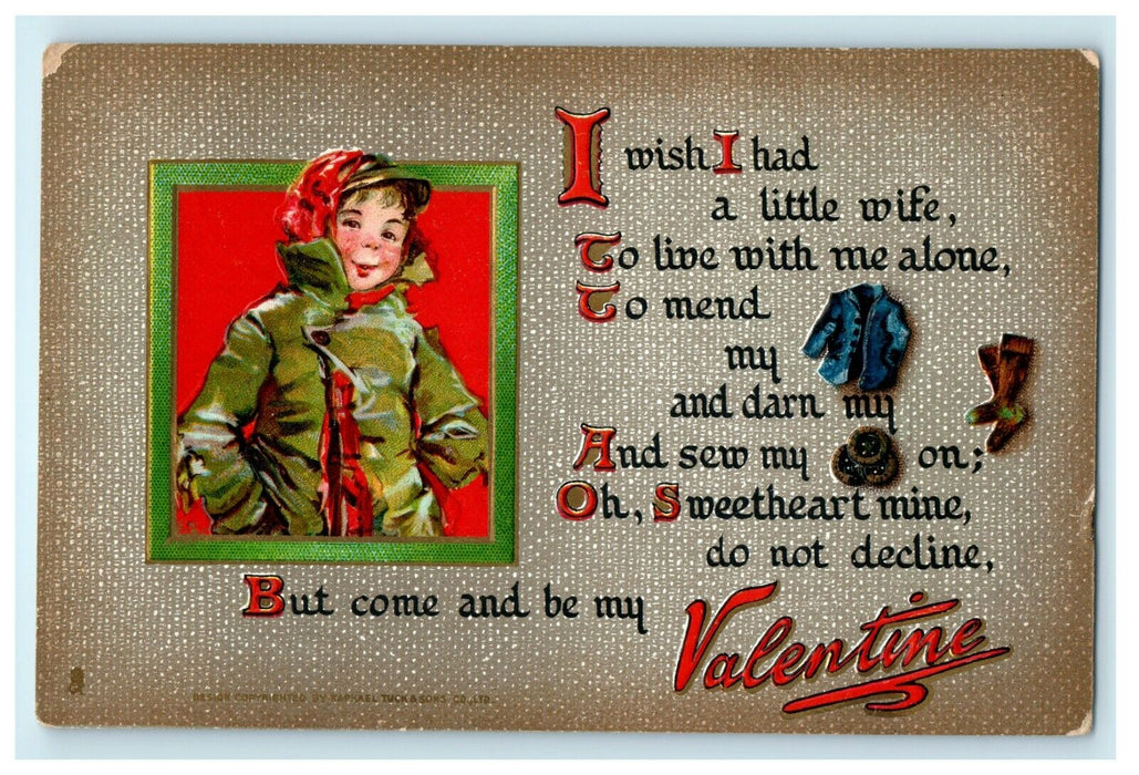 1912 Valentine Little Boy Wearing Coat Raphael Tucks & Sons Co Embossed Postcard