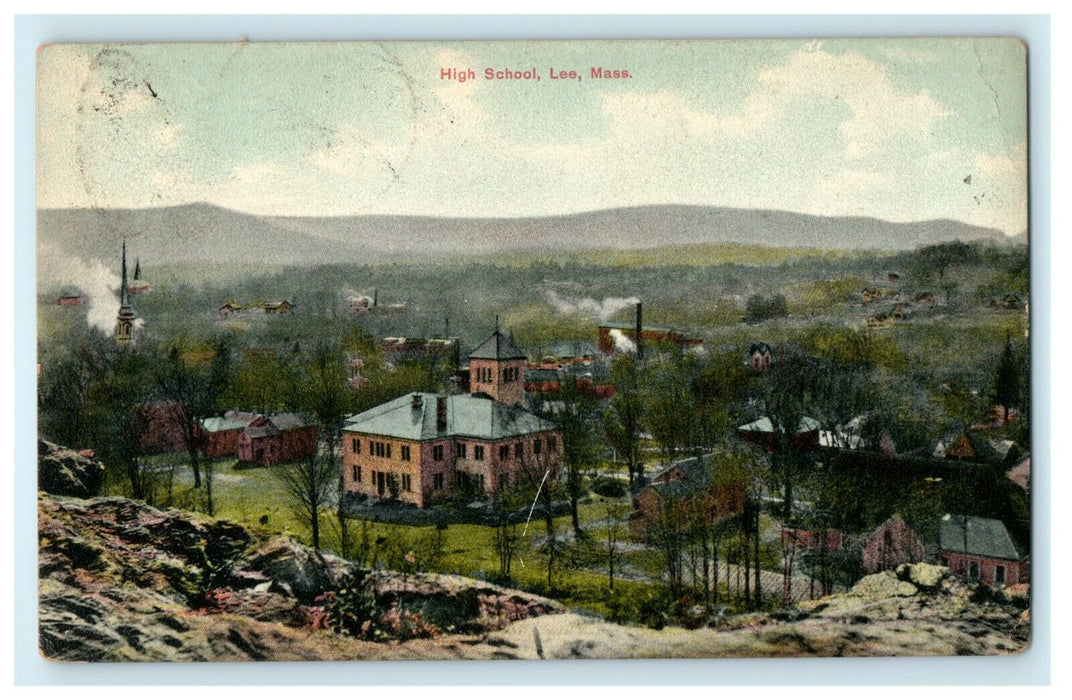 1910 View of High School and Houses, Lee Massachusetts Antique Postcard