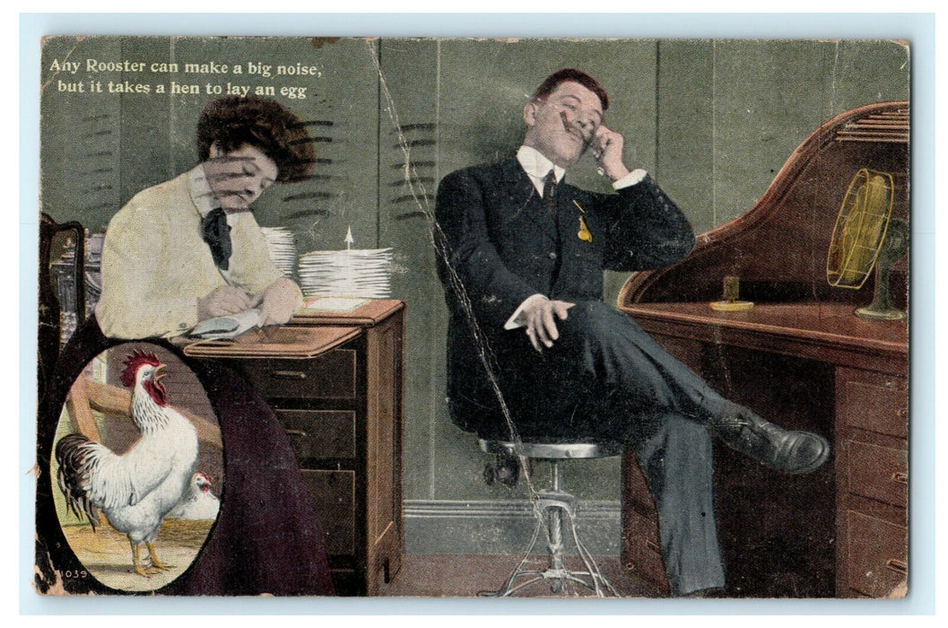 Victorian Man Woman Desk Funny Fort Wayne Indiana 1910 Grabill Antique Postcard