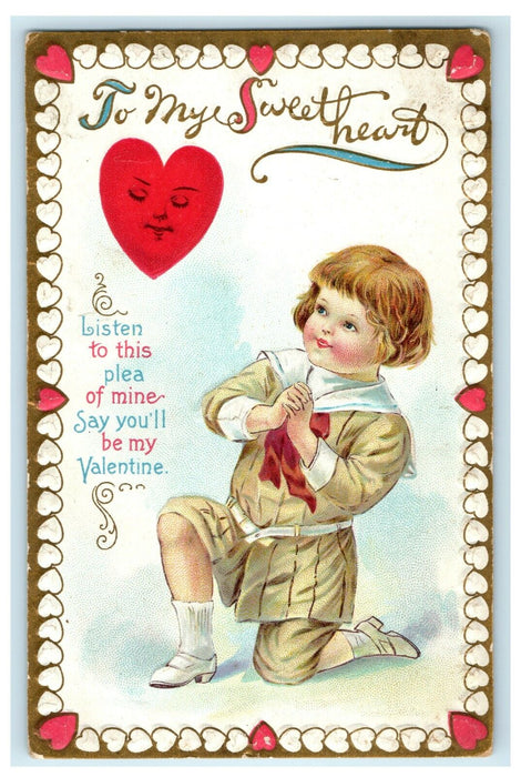 Little Boy On Bended Knee Embossed Valentine Postcard