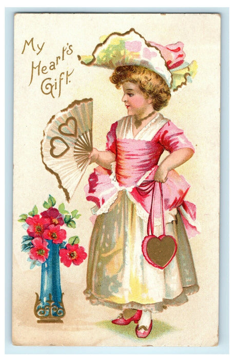 1908 Valentine Victorian Girl Hand Fan Hearts Purse Flowers Embossed Postcard