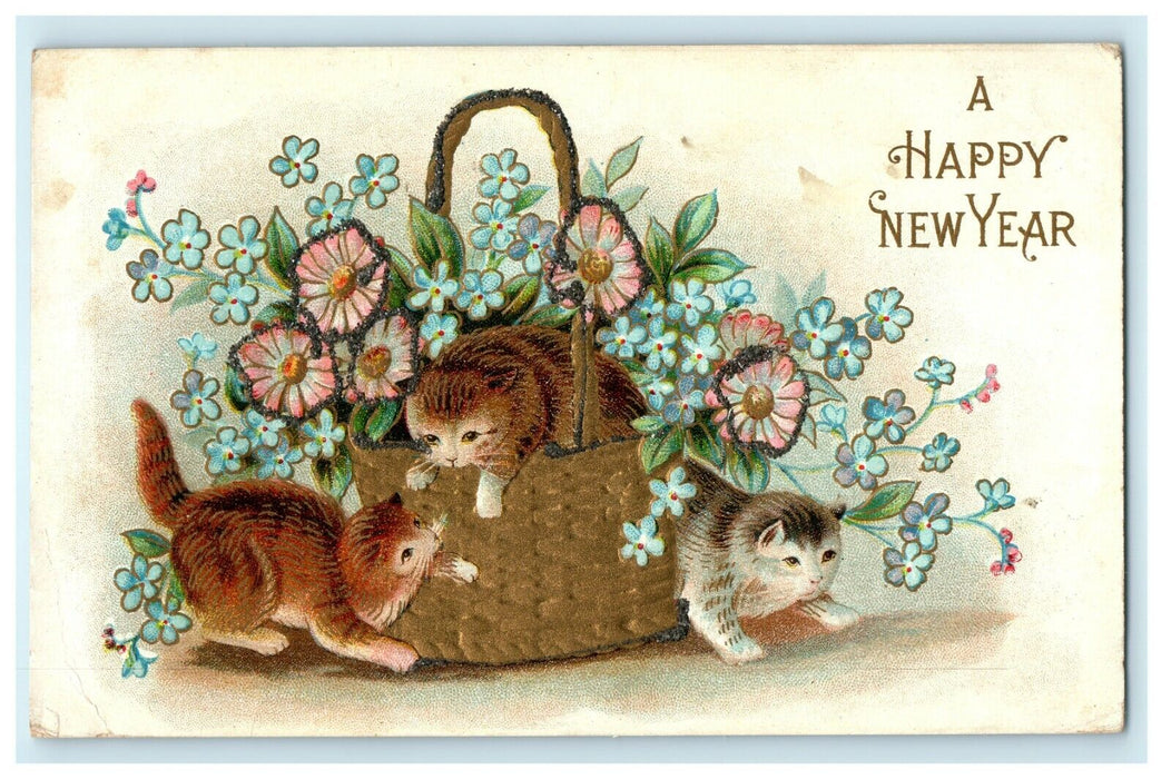 c1910 Happy New Year Cute Cats Flowers In Basket Embossed Antique Postcard