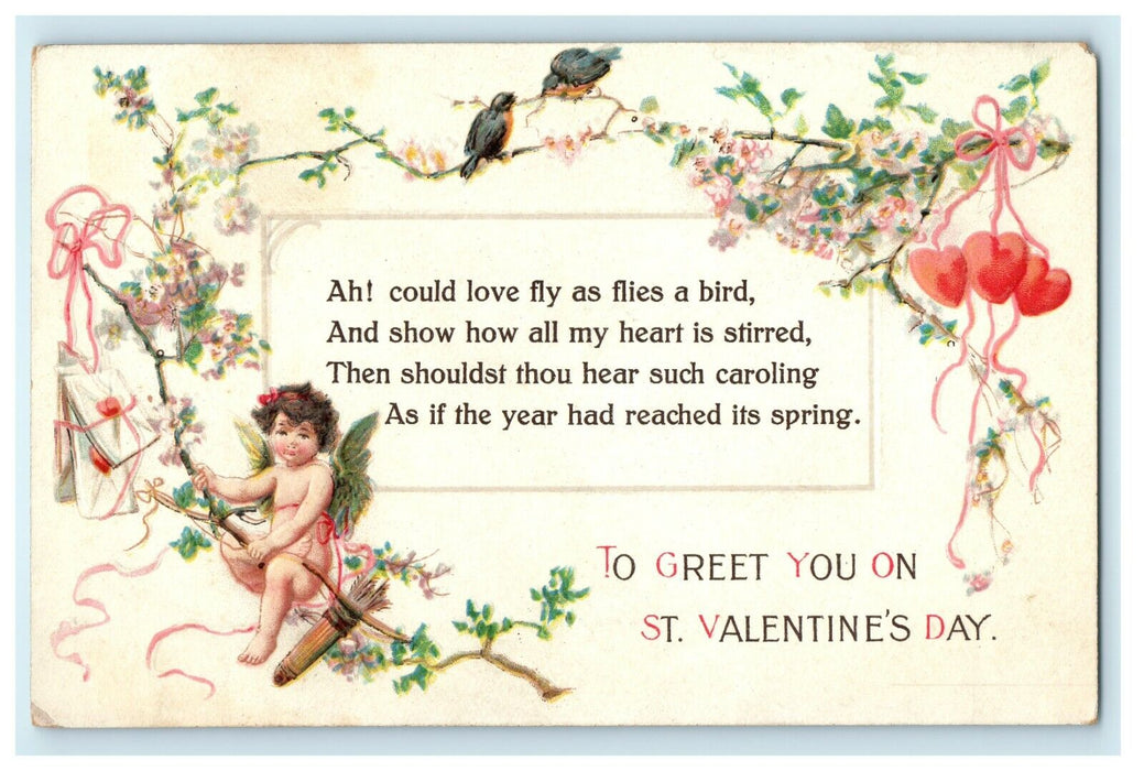 Valentine Greetings Cupid Angel Cherub Pansies Letters Birds Embossed Postcard