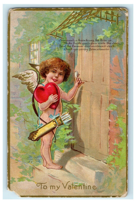 Valentine Winsch Back Angel Cupid Knocking At Door Embossed Postcard