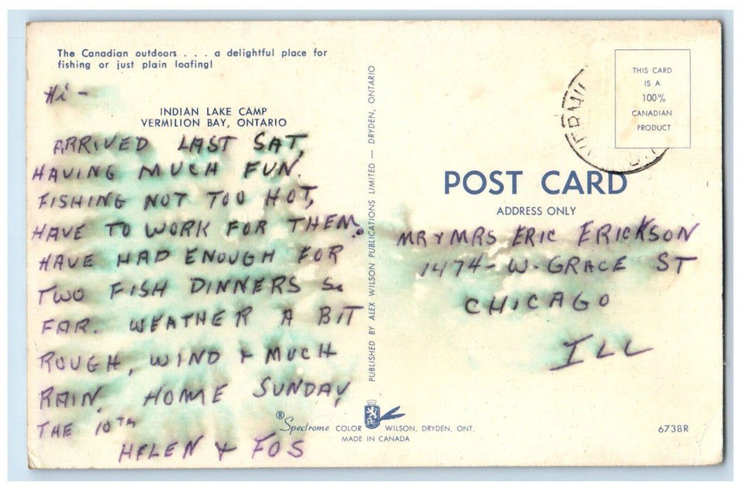 c1960's The Canadian Outdoors, Indian Lake Camp, Vermilion Bay Ontario Postcard