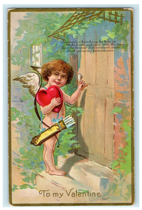 1909 Valentine Winsch Back Angel Cupid Knocking Door Embossed Antique Postcard