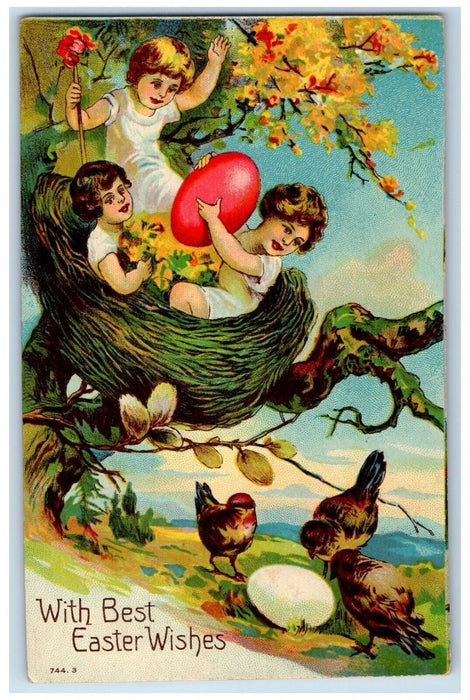 1912 Easter Wishes Childrens Egg Nest Flowers Birds Embossed Antique Postcard