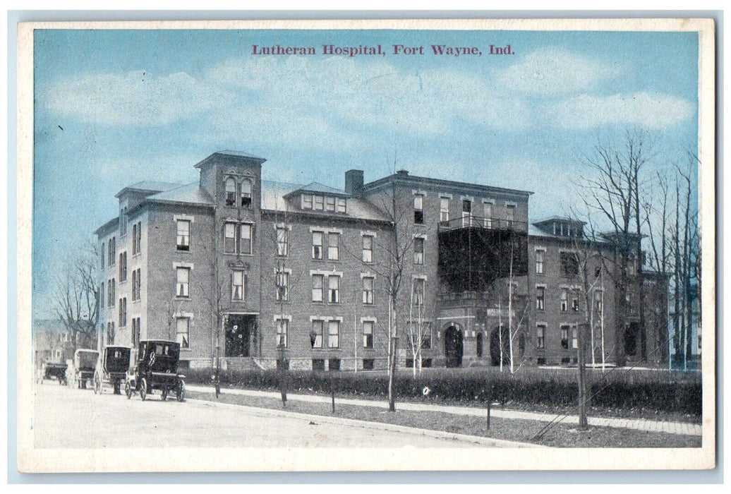 View Of Lutheran Hospital Building Car-lined Fort Wayne Indiana IN Postcard