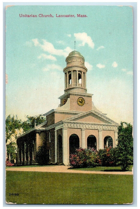 1919 Unitarian Chruch Clock Tower Lancaster Massachusetts MA Antique Postcard