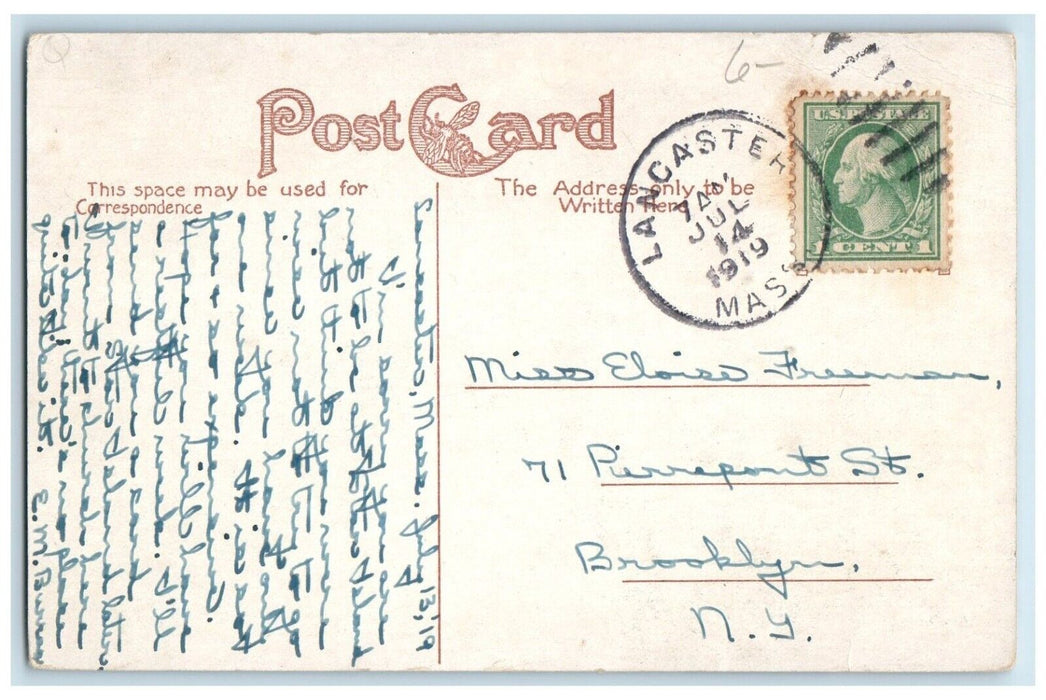1919 Unitarian Chruch Clock Tower Lancaster Massachusetts MA Antique Postcard