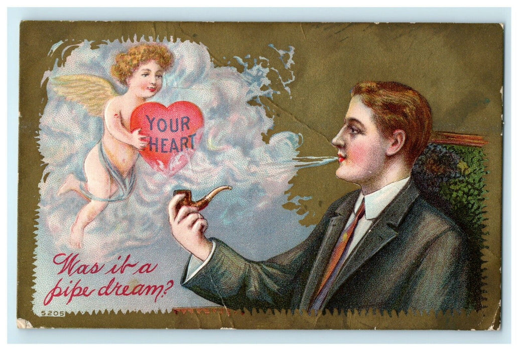 Man Pipe Dream Angel Cupid Holding Heart Valentine Postcard