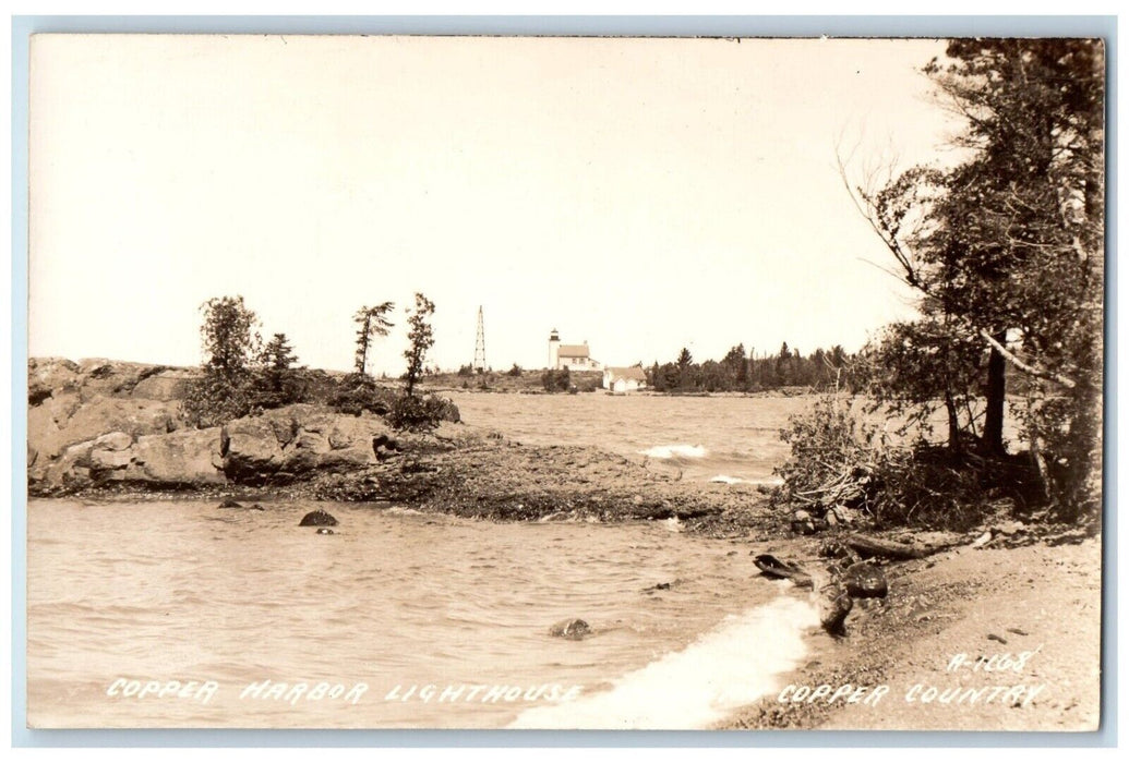 c1925 Lighthouse Lake Superior View Copper Harbor MI RPPC Photo Postcard