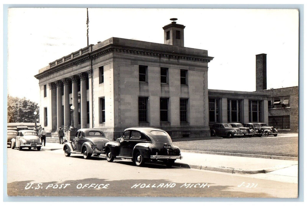 1946 US Post Office Flag Cars Holland Michigan MI RPPC Photo Posted Postcard