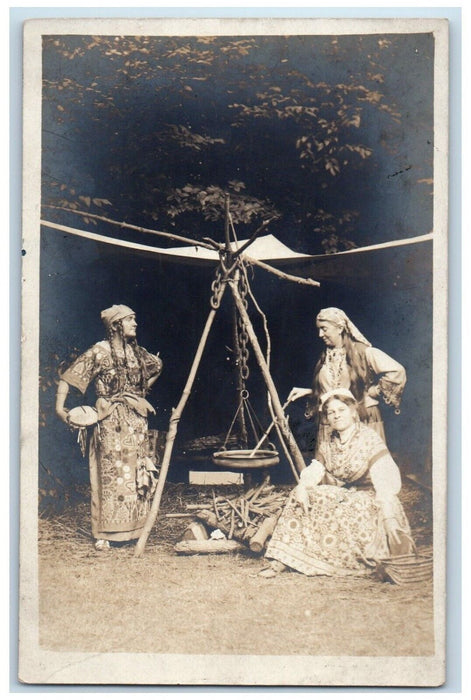 c1920's Candid Gypsy Women Girls Cooking Romani RPPC Photo Unposted Postcard