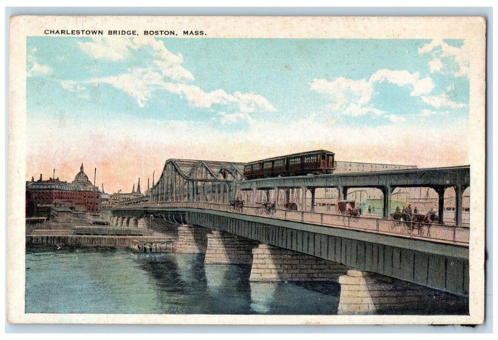 Charlestown Bridge Train Horse Carriage Scene Boston Massachusetts MA Postcard