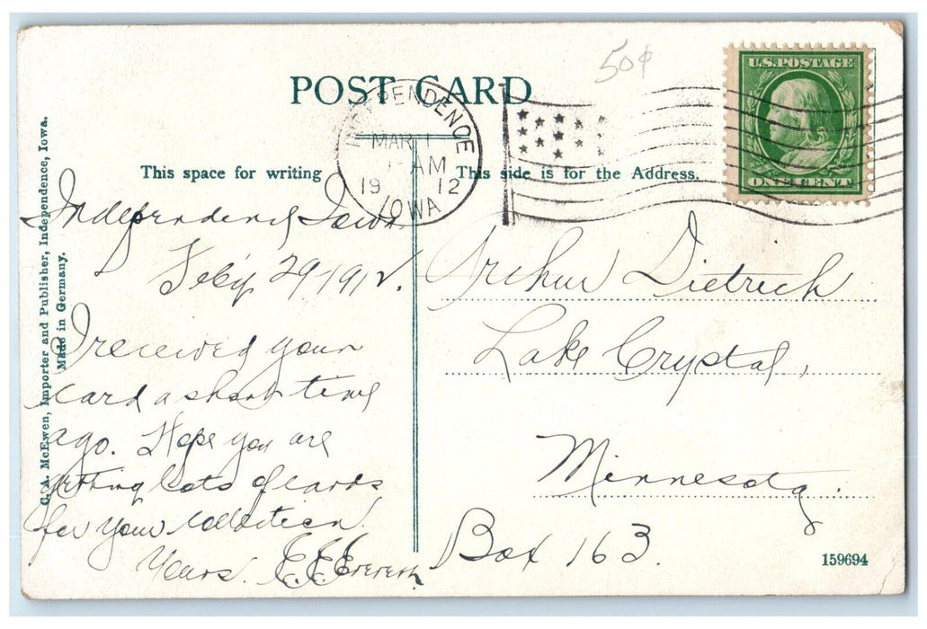 1912 View Of Mill And Waterworks Independence Iowa IA Posted Antique Postcard