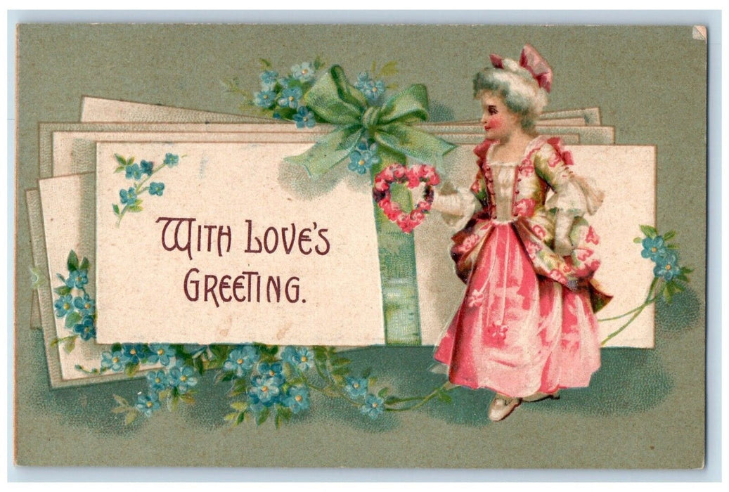 1908 Valentine Greetings Pretty Woman Heart Pansies Flowers Vintage Postcard