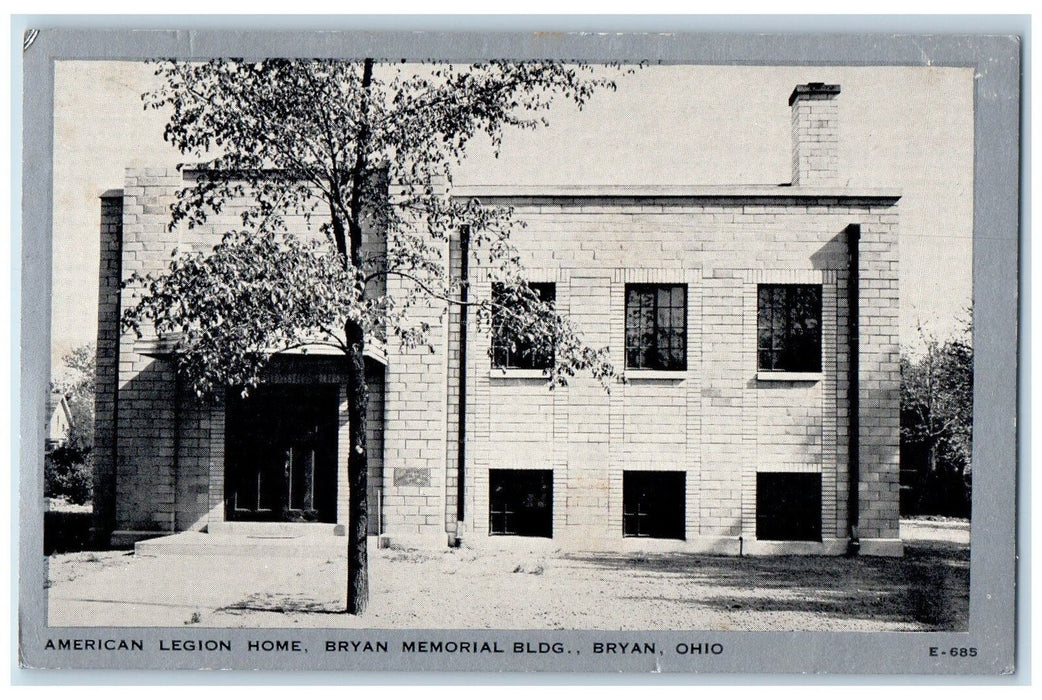 c1950 American Legion Home Bryan Memorial Bldg. Front View Bryan OH Postcard