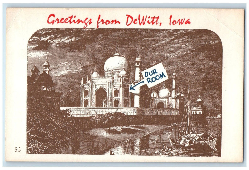 c1920's Greetings From Dewitt Dome Building Sailboat River Lake Iowa IA Postcard