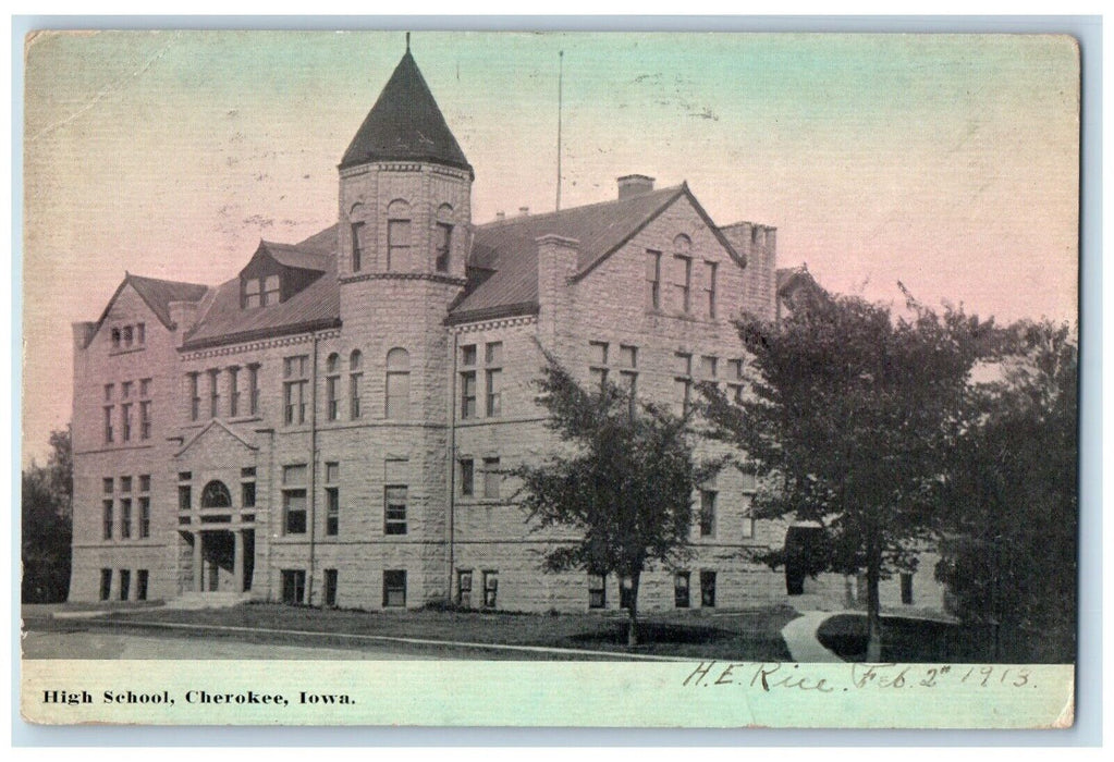 1913 High School Building Scene Street Cherokee Iowa IA Posted Antique Postcard