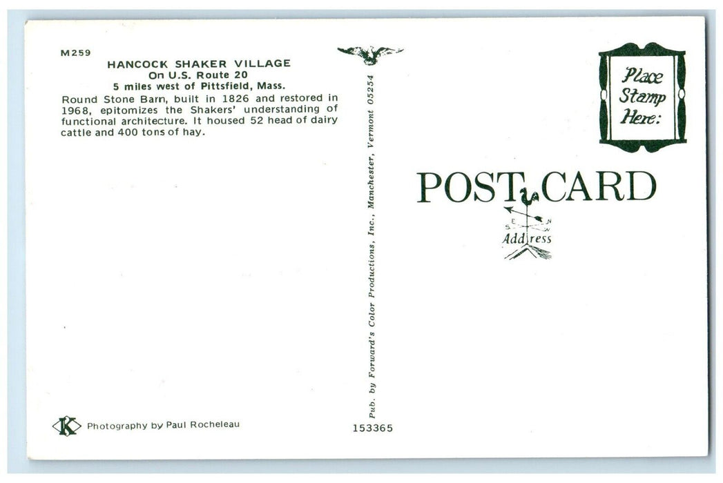 c1960's Hancock Shaker Village Route 20 Pittsfield Massachusetts MA Postcard
