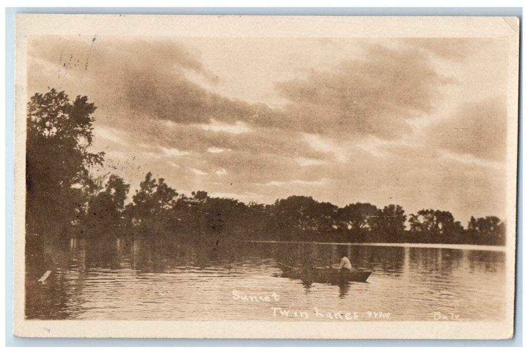 c1920's Sunset Twin Lakes View Boat Rockwell City Iowa IA RPPC Photo Postcard