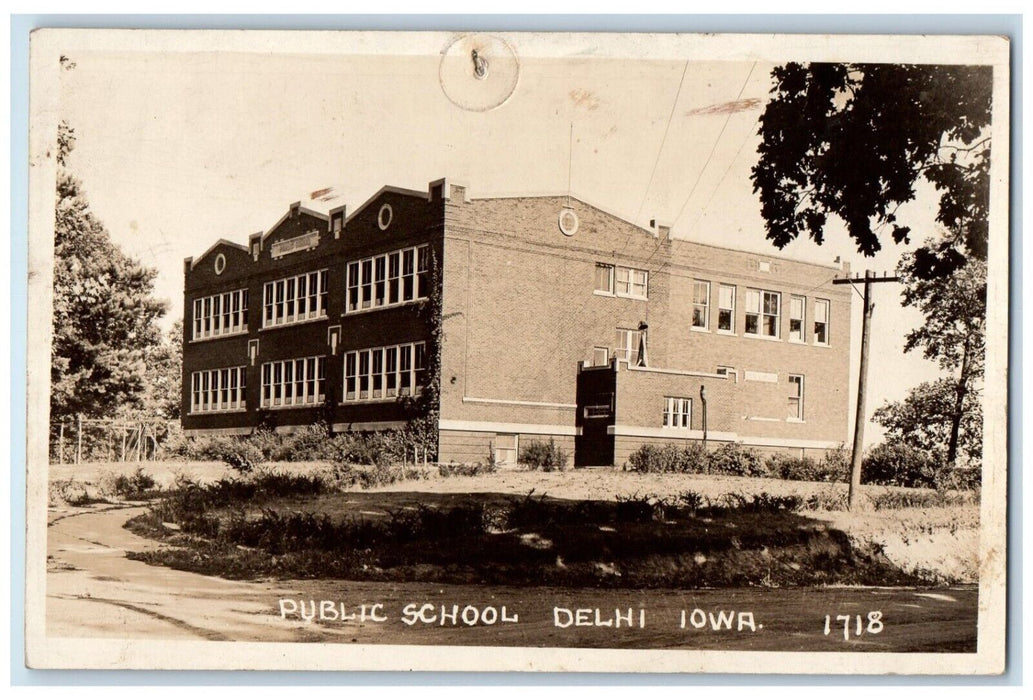 1933 Public School View Delhi Iowa IA RPPC Photo Posted Postcard