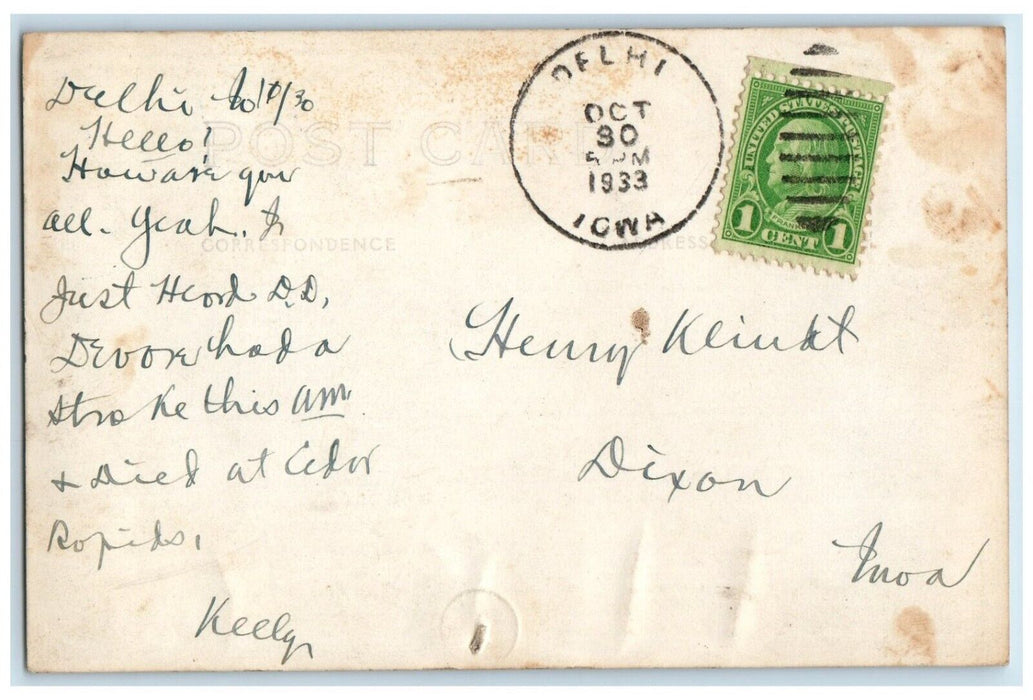 1933 Public School View Delhi Iowa IA RPPC Photo Posted Postcard