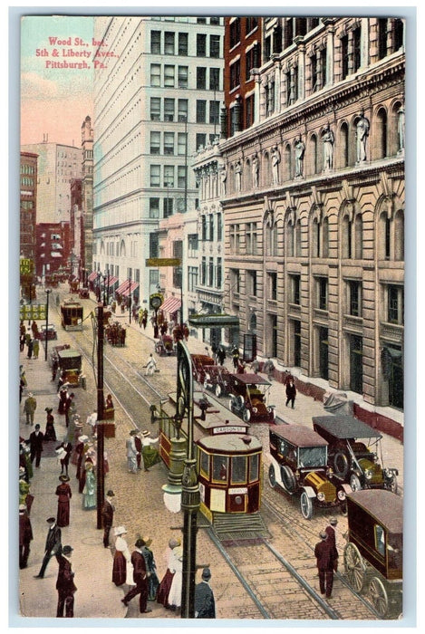 c1950 Wood Street 5th Liberty Avenue Downtown Classic Car Pittsburg PA Postcard