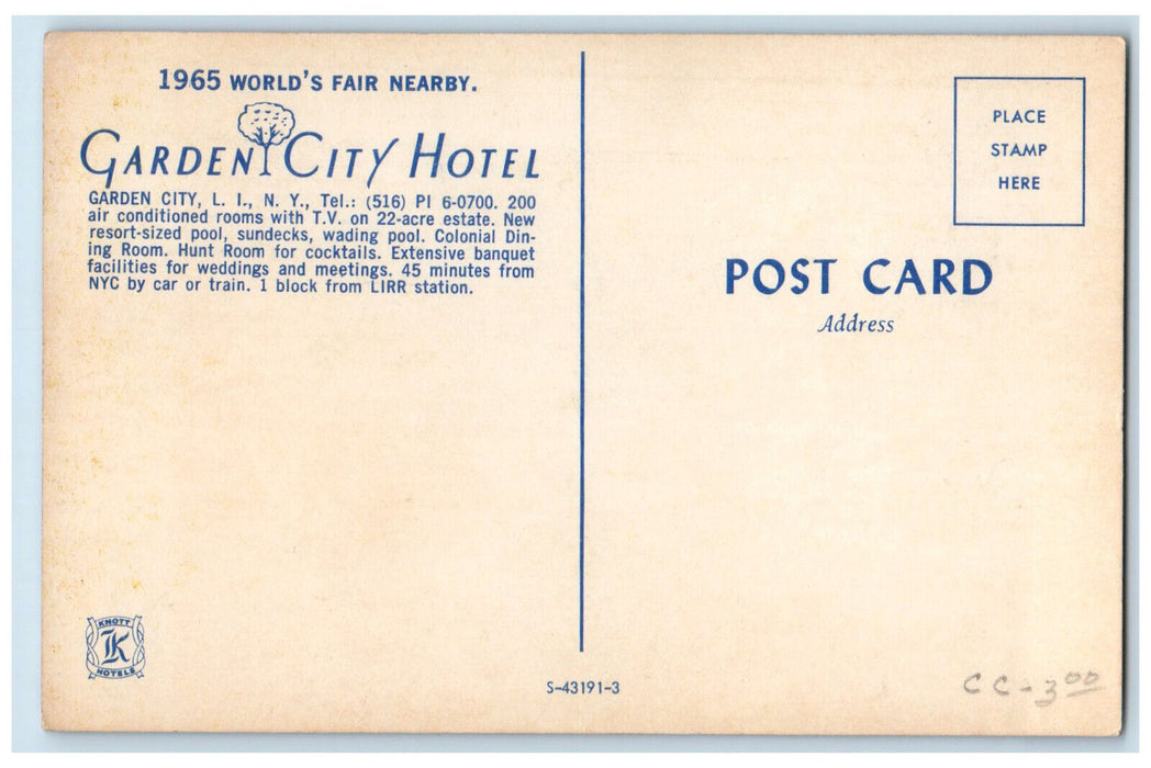 Garden City Hotel Building Swimming Pool Long Island New York NY Postcard