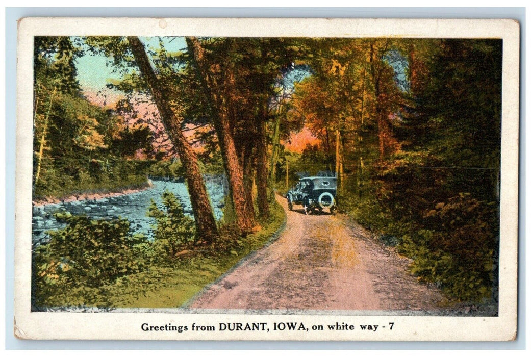 c1930's Greetings From Durant Iowa IA, On White Way Car Dirt Road Postcard