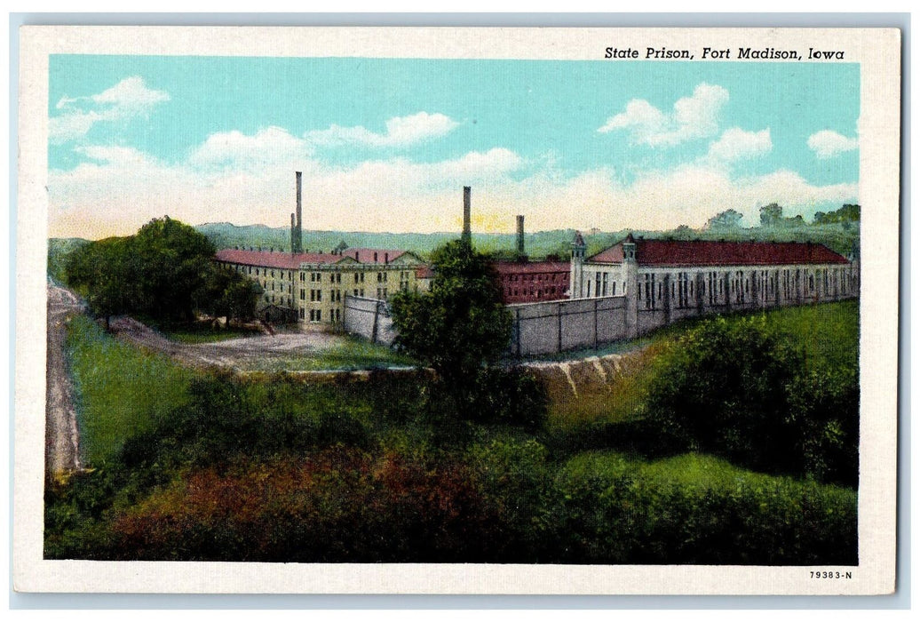 c1950's State Prison Building Facade Smokestacks Fort Madison Iowa IA Postcard