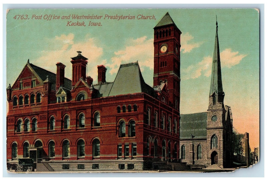 c1950's Post Office Westminster Presbyterian Church View Keokuk Iowa IA Postcard