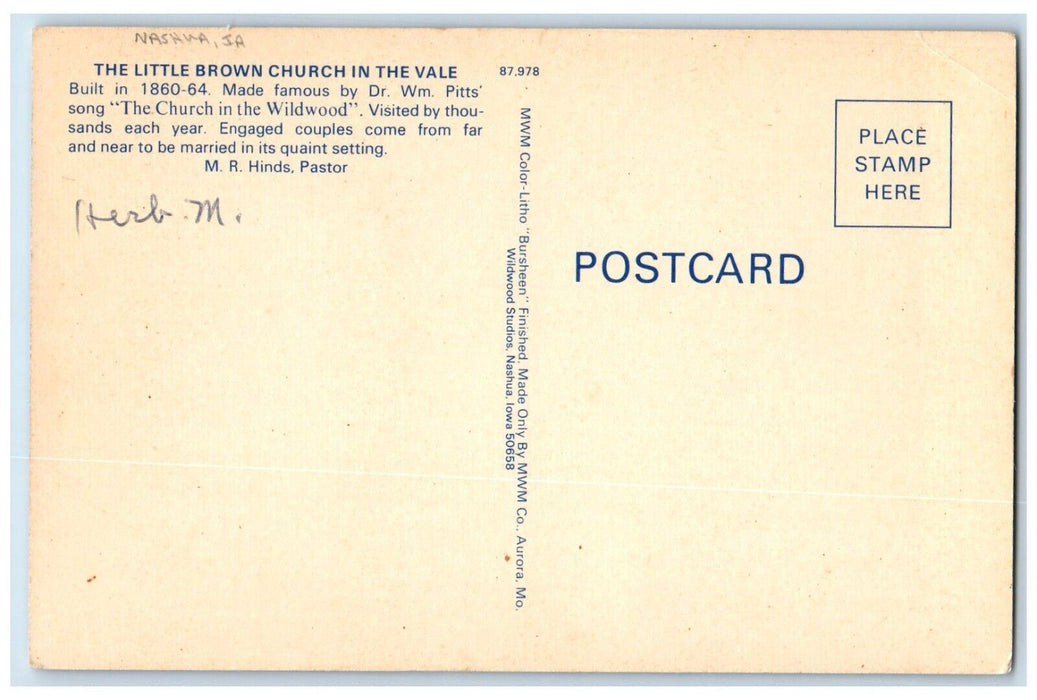 The Little Brown Church In The Vale Dirt Road Nashua Iowa IA Vintage Postcard