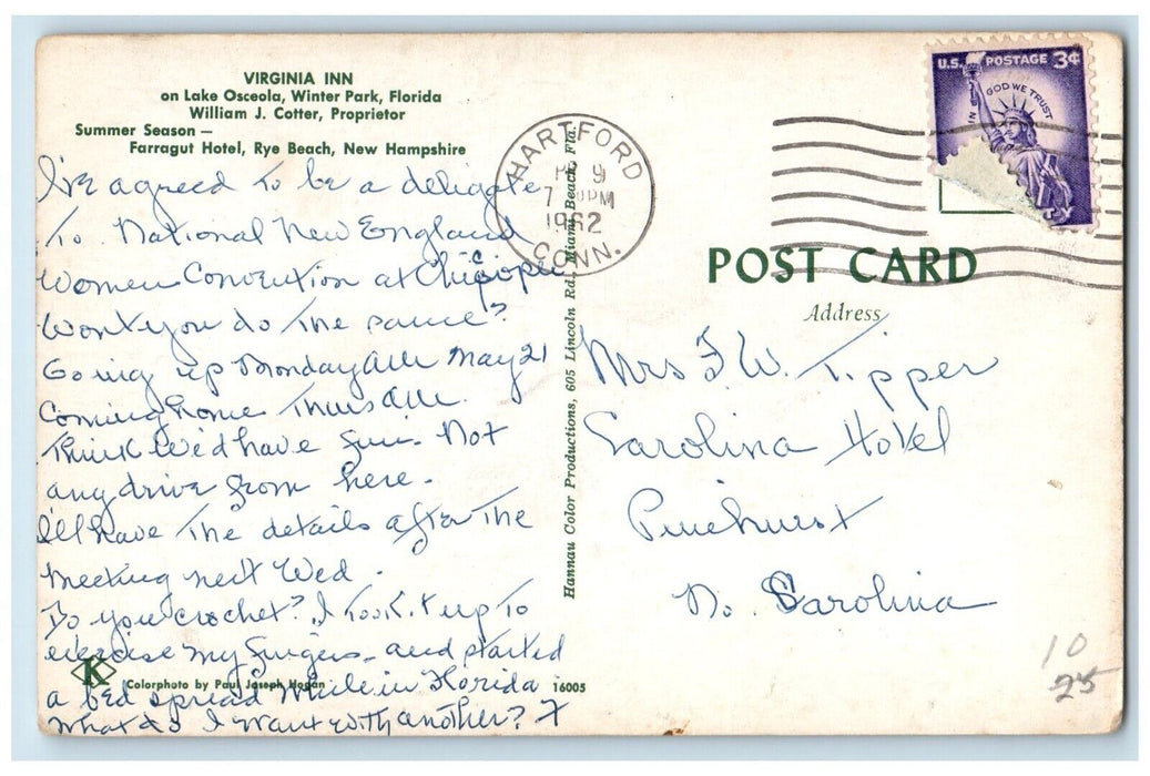 1962 Virginia Inn On Lake Osceola Winter Park Florida FL, Hartford CT Postcard