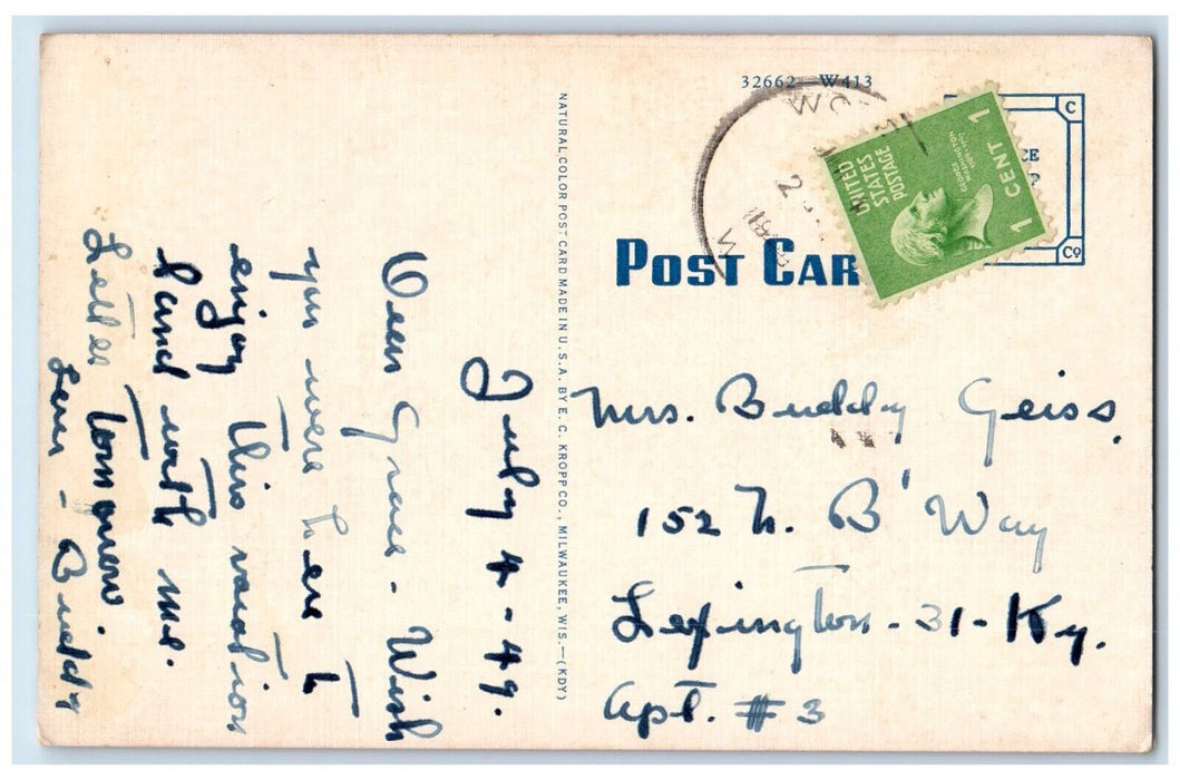 1949 Among Birches Pines Lake River Greetings From Wood Wisconsin WI Postcard