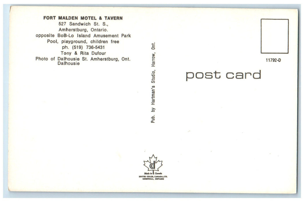 c1960's Fort Malden Motel & Tavern Amherstburg Ontario Canada Postcard